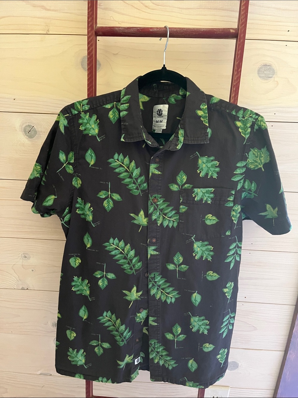 Element Black Short-Sleeve Button-Up Shirt with Green Leaf Print